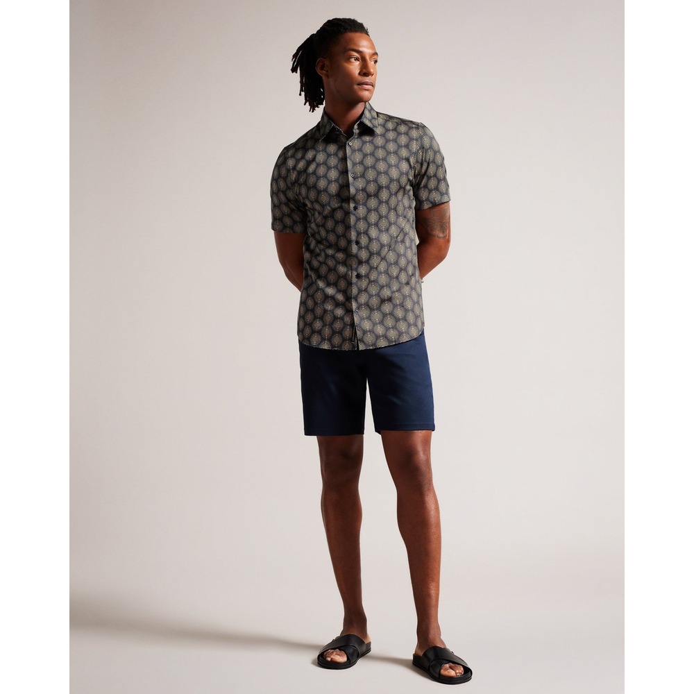 Ted Baker Pearsho Mens Navy Tan Circle Geo Short Sleeve Slim Fit Shirt Sz 5 XL